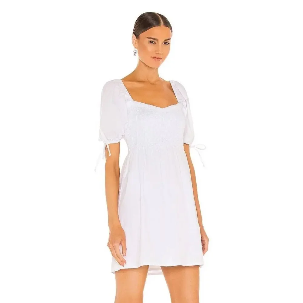 Faithfull The Brand X Revolve Wendy Mini Dress Plain White Size 2 Puff Sleeves - Picture 5 of 12